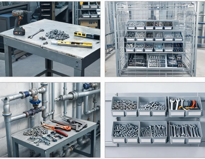 Industrial applications grid with tools and fasteners